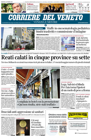 Prima pagina Corriere del Veneto di oggi - Quotidiano regionale