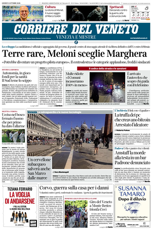 Prima pagina Corriere del Veneto di oggi - Quotidiano regionale