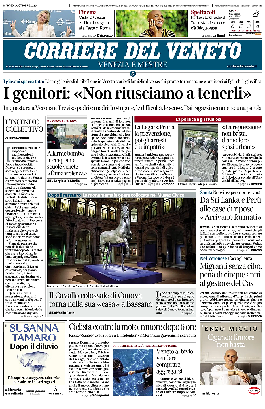 Prima pagina Corriere del Veneto di oggi - Edicola 20 Ottobre 2026