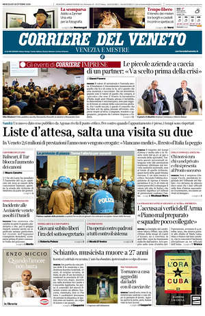 Prima pagina Corriere del Veneto di oggi - Quotidiano regionale