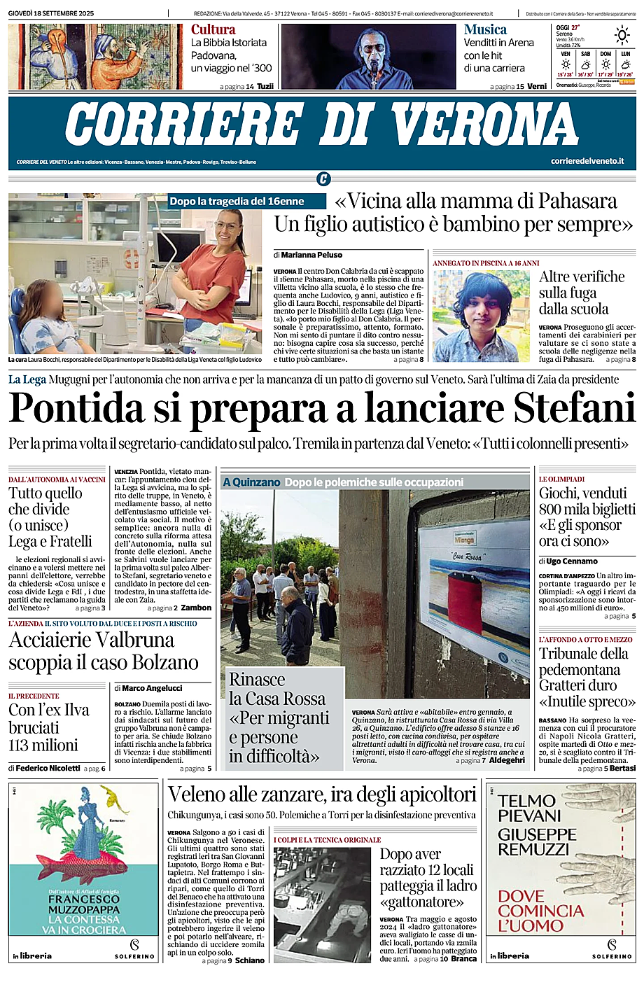 Prima pagina Corriere di Verona di oggi - Edicola 18 Settembre 2025