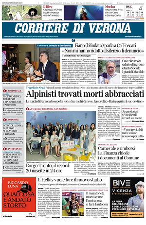 Prima pagina Corriere di Verona di oggi - Quotidiano regionale