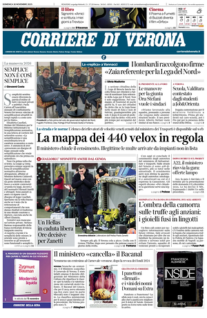 Prima pagina Corriere di Verona di oggi - Quotidiano regionale
