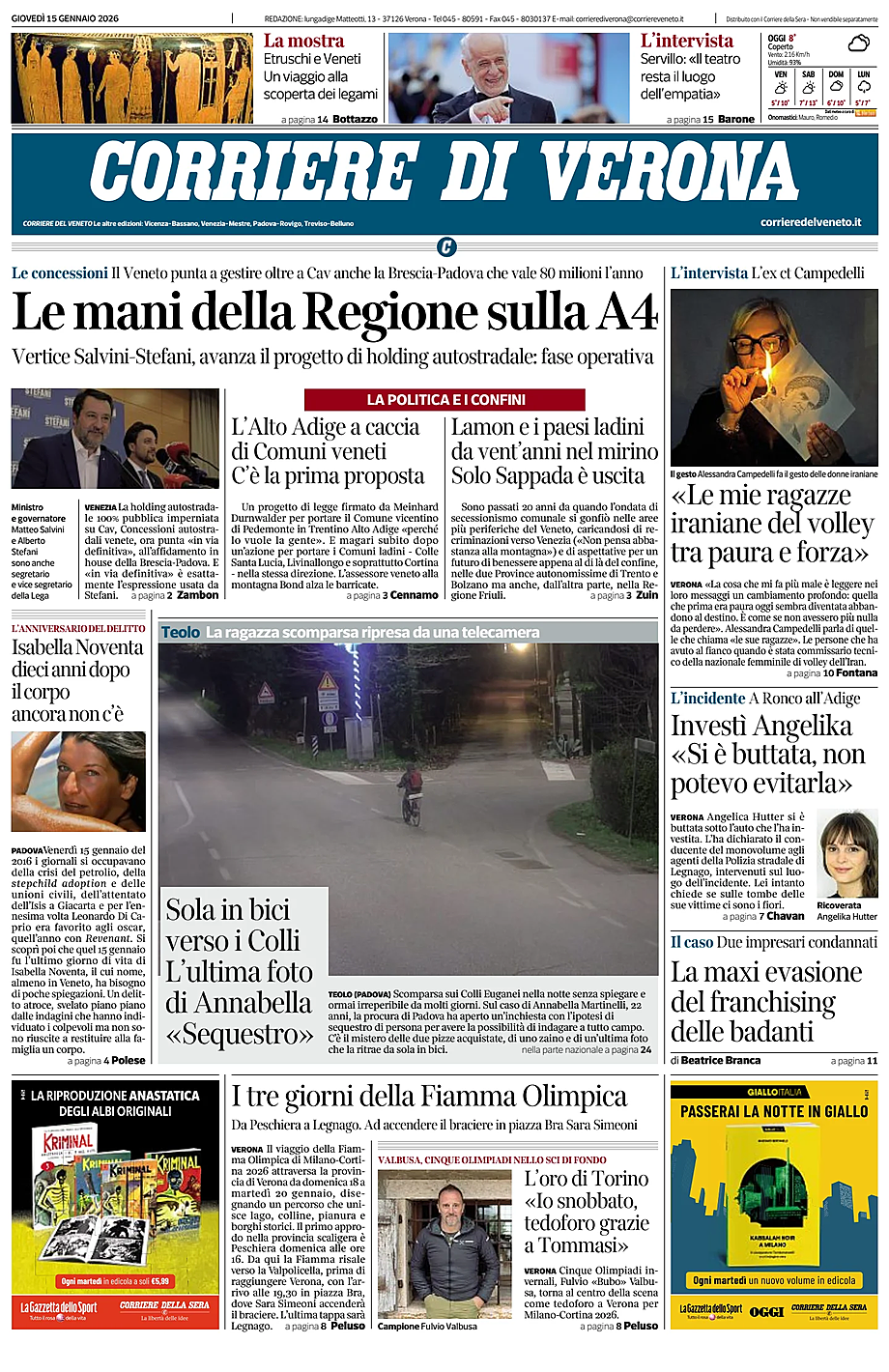 Prima pagina Corriere di Verona di oggi - Edicola 15 Gennaio 2026