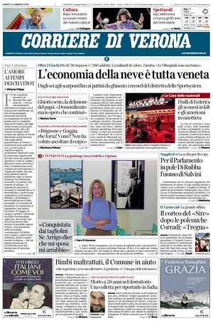 Prima pagina Corriere di Verona di oggi - Quotidiano regionale