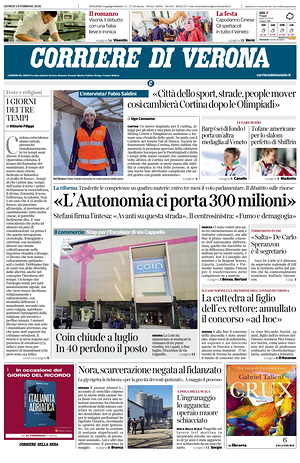 Prima pagina Corriere di Verona di oggi - Quotidiano regionale