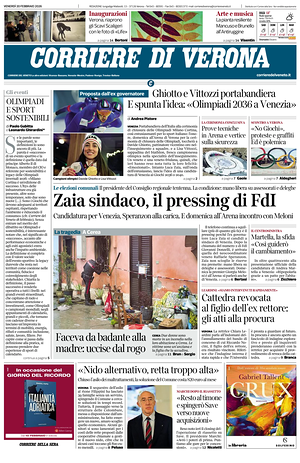 Prima pagina Corriere di Verona di oggi - Quotidiano regionale