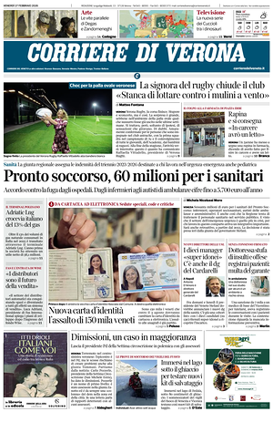 Prima pagina Corriere di Verona di oggi - Quotidiano regionale