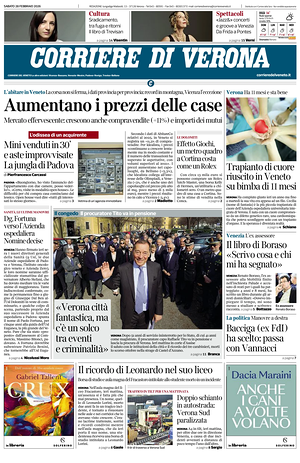 Prima pagina Corriere di Verona di oggi - Quotidiano regionale
