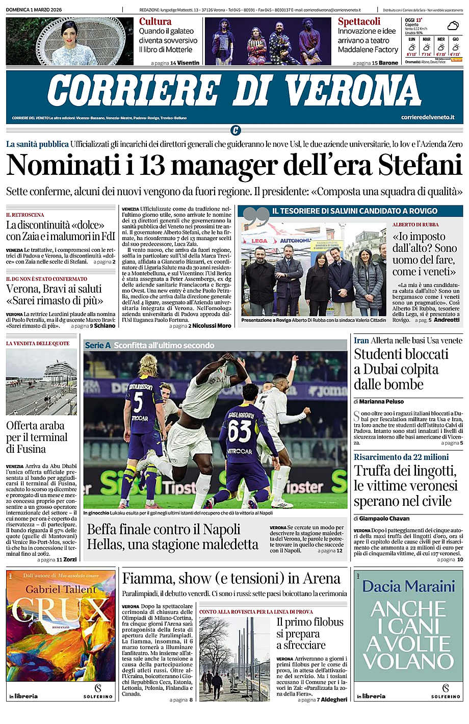 Prima pagina Corriere di Verona di oggi - Edicola 1 Marzo 2026