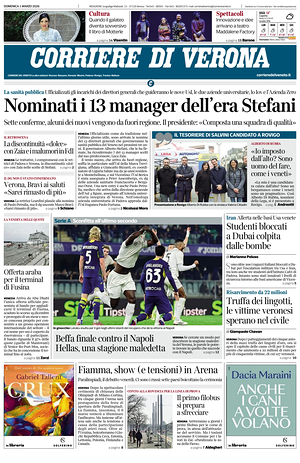 Prima pagina Corriere di Verona di oggi - Quotidiano regionale