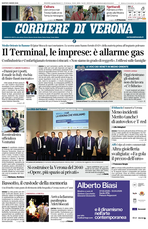 Prima pagina Corriere di Verona di oggi - Quotidiano regionale