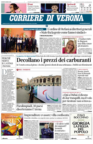 Prima pagina Corriere di Verona di oggi - Quotidiano regionale