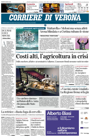 Prima pagina Corriere di Verona di oggi - Quotidiano regionale