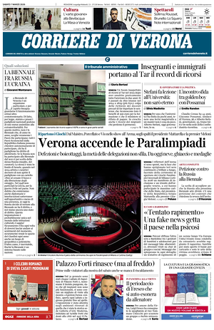 Prima pagina Corriere di Verona di oggi - Quotidiano regionale