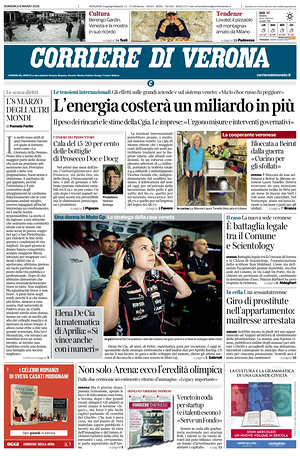 Prima pagina Corriere di Verona di oggi - Quotidiano regionale