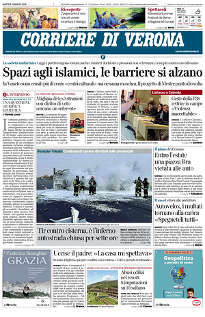 Prima pagina Corriere di Verona di oggi - Quotidiano regionale