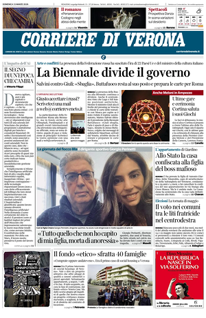 Prima pagina Corriere di Verona di oggi - Quotidiano regionale