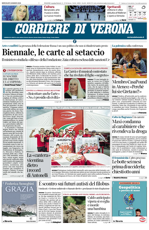 Prima pagina Corriere di Verona di oggi - Quotidiano regionale