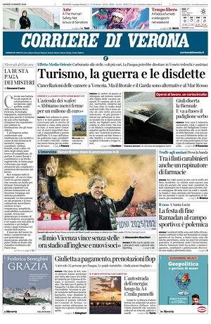 Prima pagina Corriere di Verona di oggi - Quotidiano regionale