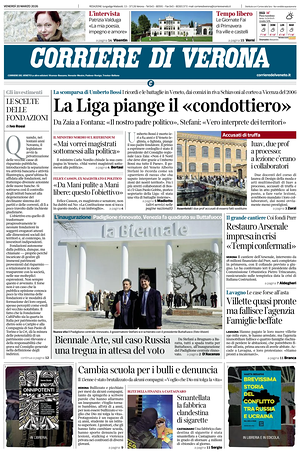 Prima pagina Corriere di Verona di oggi - Quotidiano regionale