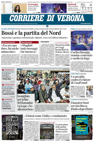 Prima pagina Corriere di Verona di oggi - Quotidiano regionale