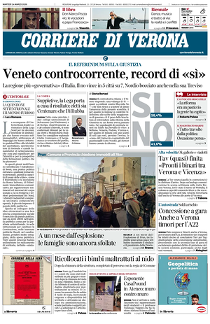 Prima pagina Corriere di Verona di oggi - Quotidiano regionale