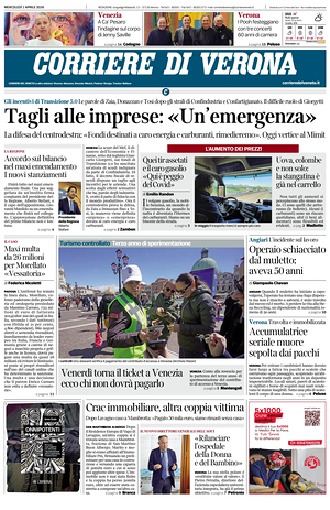 Prima pagina Corriere di Verona di oggi - Quotidiano regionale