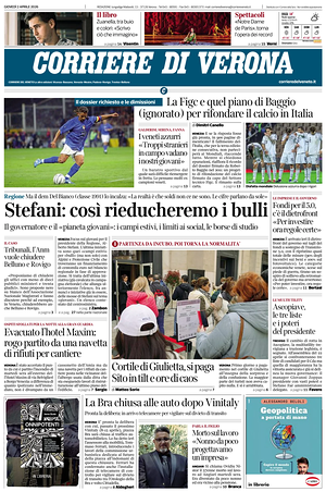 Prima pagina Corriere di Verona di oggi - Quotidiano regionale