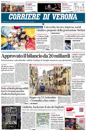 Prima pagina Corriere di Verona di oggi - Quotidiano regionale