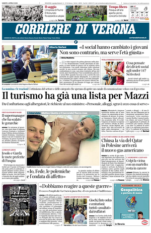 Prima pagina Corriere di Verona di oggi - Quotidiano regionale