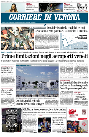 Prima pagina Corriere di Verona di oggi - Quotidiano regionale