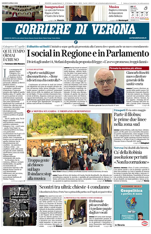 Prima pagina Corriere di Verona di oggi - Quotidiano regionale