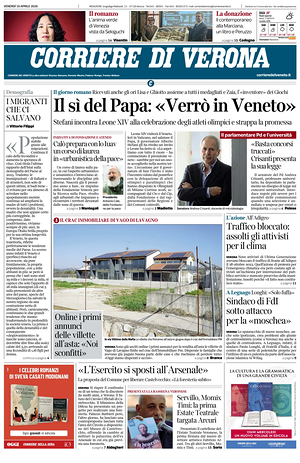 Prima pagina Corriere di Verona di oggi - Quotidiano regionale