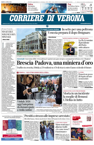 Prima pagina Corriere di Verona di oggi - Quotidiano regionale
