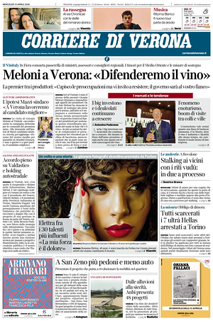 Prima pagina Corriere di Verona di oggi - Quotidiano regionale