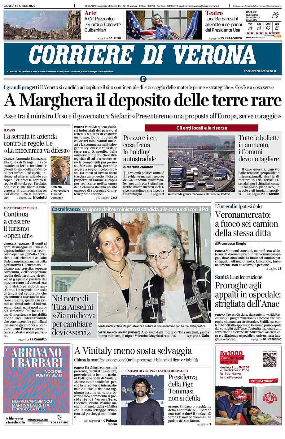 Prima pagina Corriere di Verona di oggi - Edicola 16 Aprile 2026