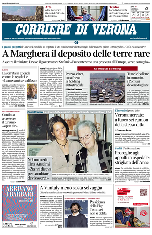 Prima pagina Corriere di Verona di oggi - Quotidiano regionale