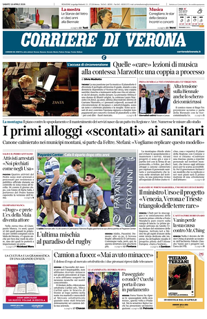 Prima pagina Corriere di Verona di oggi - Quotidiano regionale