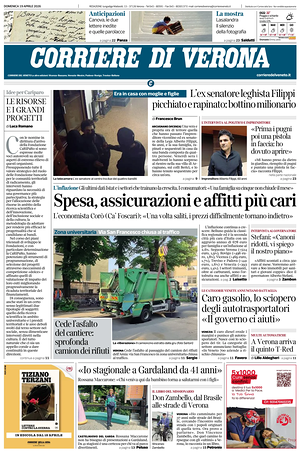 Prima pagina Corriere di Verona di oggi - Quotidiano regionale