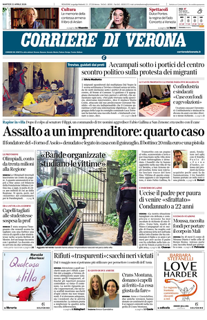 Prima pagina Corriere di Verona di oggi - Quotidiano regionale