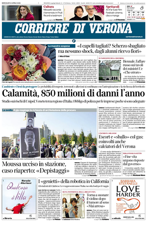 Prima pagina Corriere di Verona di oggi - Quotidiano regionale