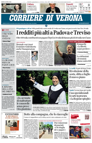 Prima pagina Corriere di Verona di oggi - Quotidiano regionale