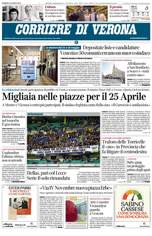 Prima pagina Corriere di Verona di oggi - Quotidiano regionale