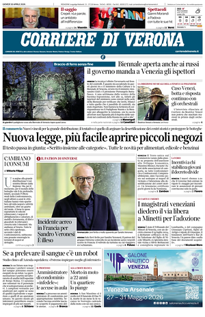 Prima pagina Corriere di Verona di oggi - Quotidiano regionale