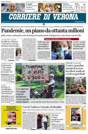 Prima pagina Corriere di Verona di oggi - Quotidiano regionale
