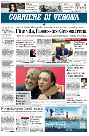 Prima pagina Corriere di Verona di oggi - Quotidiano regionale