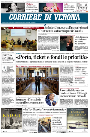 Prima pagina Corriere di Verona di oggi - Quotidiano regionale