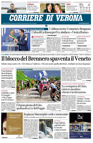 Prima pagina Corriere di Verona di oggi - Quotidiano regionale
