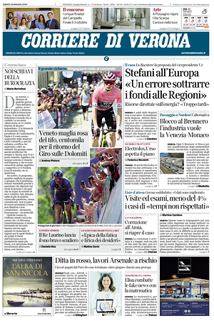 Prima pagina Corriere di Verona di oggi - Quotidiano regionale